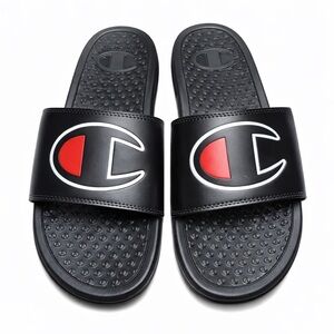 NMT Champion Black Slide Sandals with Red Logo Accent